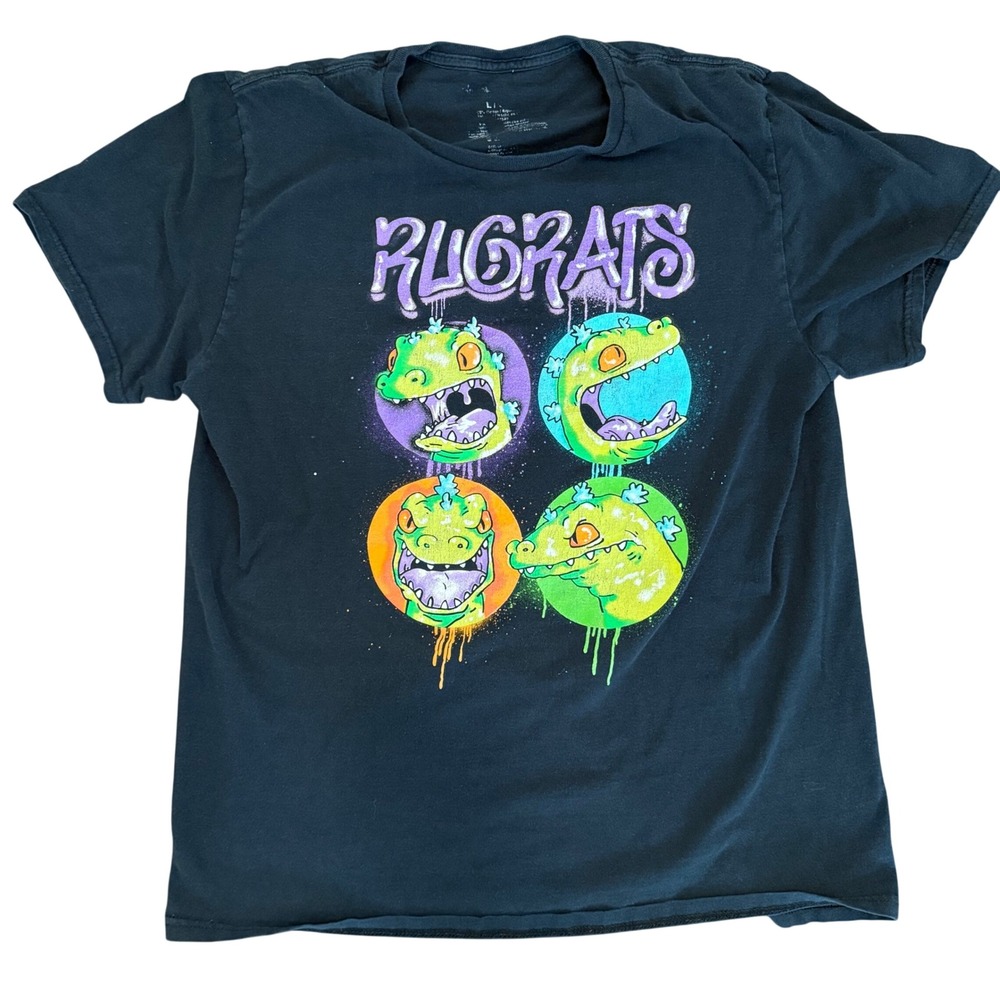 Nickelodeon Rugrats Reptar Graphic Tee Black Neon 90s Style Cartoon Shirt Large